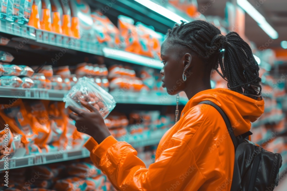 Woman selecting items at a grocery store, carefully examining package details and demonstrating informed consumer behavior for healthy shopping choices. Woman selecting items at a grocery store, carefully examining package details and demonstrating informed consumer behavior for healthy shopping choices.