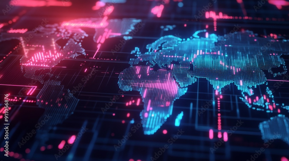 Futuristic Representation of Global Stock Markets with Digital Graphs, Charts, and World Maps Overlaying a Dark Background, Symbolizing Interconnected Financial Systems Futuristic Representation of Global Stock Markets with Digital Graphs, Charts, and World Maps Overlaying a Dark Background, Symbolizing Interconnected Financial Systems