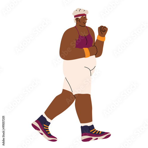 Elderly overweight woman jogging. Sports activity. Healthy lifestyle. Cardio workout. Running people in sportswear. Vector illustration for social advertising.