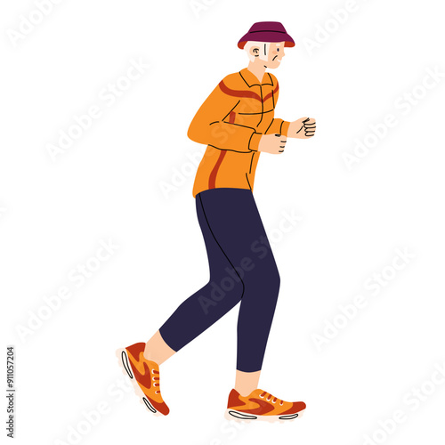 Elderly woman jogging. Sports activity. Healthy lifestyle. Cardio workout. Running people in sportswear. Vector illustration for social advertising.
