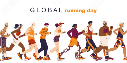 Banner for the global running day. People of different ages and genders jogging. Sports activity. Healthy lifestyle. Cardio workout. Vector illustration. June 5, summer sports festival.