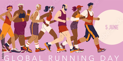 Banner for the global running day. People of different ages and genders jogging. Sports activity. Healthy lifestyle. Cardio workout. Vector illustration. June 5, summer sports festival.