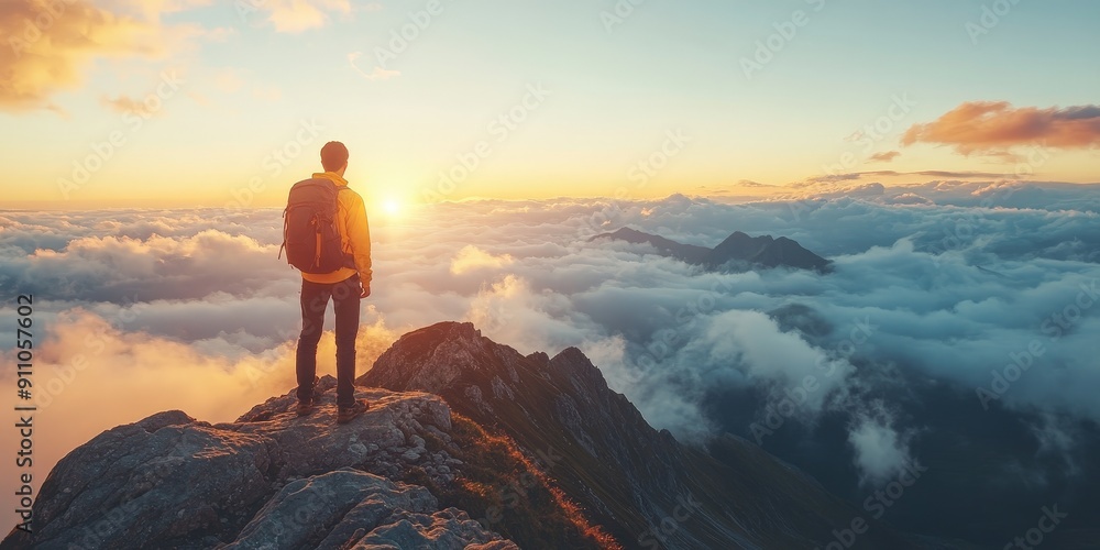 Fototapeta premium Man on Mountaintop at Sunrise, Looking at Horizon