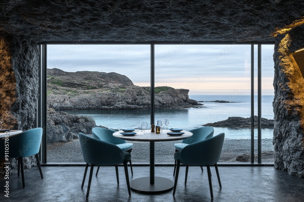 Fototapeta premium A cozy dining area with a stunning ocean view.