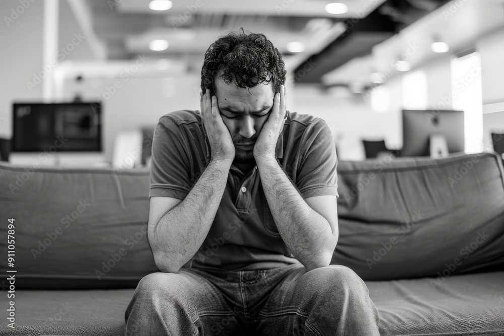 A man in casual clothing is seated on a sofa in a well-lit modern office environment, holding his head in his hands, visibly distressed, possibly due to workload. A man in casual clothing is seated on a sofa in a well-lit modern office environment, holding his head in his hands, visibly distressed, possibly due to workload.
