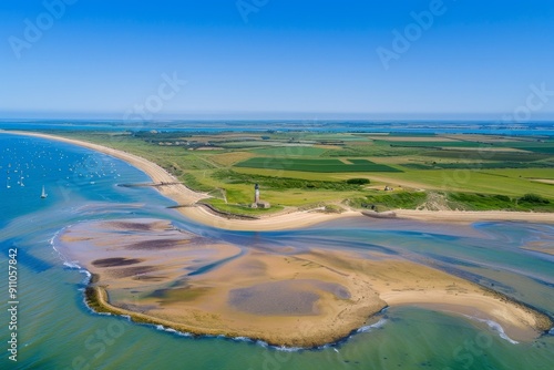 Aerial drone panorama of the Whale Lighthouse (Phare des Baleines) from the sea at Île de Ré, France, capturing the stunning coastline and lighthouse structure in a breathtaking view.