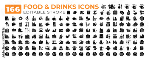 Food and drinks glyphs icons big set. Fastfood. Cooking. Allergen free. Coffee brewing. Beverage healthy eating iconset solid signs. Silhouettes symbols. Vector isolated illustrations. Editable stroke