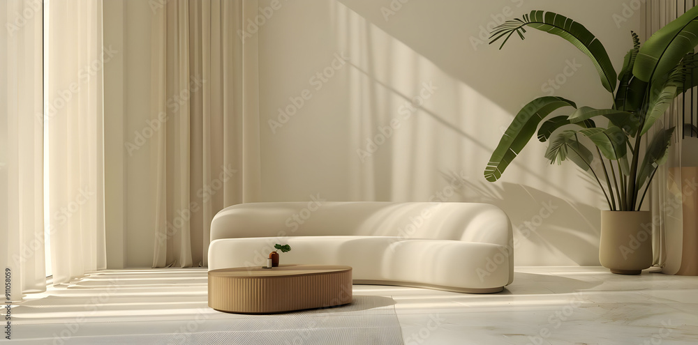 Modern Living Room Illustration with Curved Sofa and Palm Plant Modern Living Room Illustration with Curved Sofa and Palm Plant