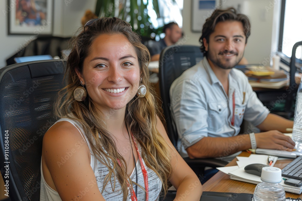 Two smiling colleagues seated in a well-lit office space, their expressions conveying enjoyment and productivity, surrounded by papers, computers and office supplies. Two smiling colleagues seated in a well-lit office space, their expressions conveying enjoyment and productivity, surrounded by papers, computers and office supplies.