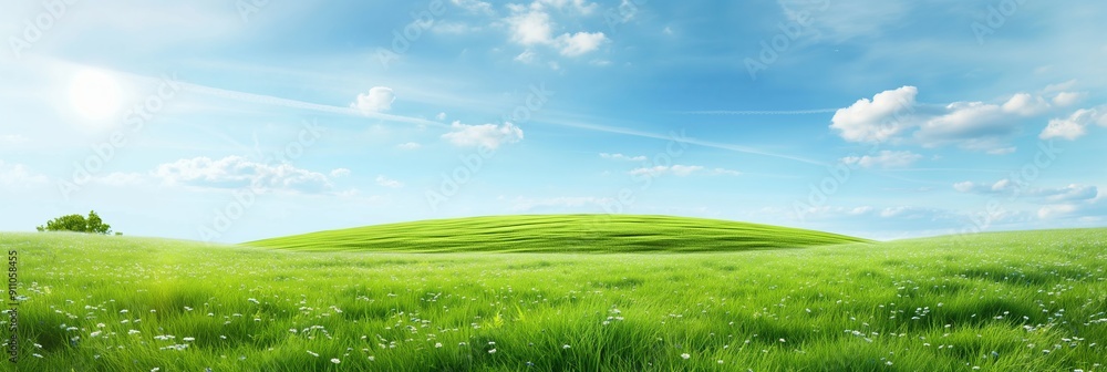 A serene sunlit meadow with vibrant green grass under a clear blue sky dotted with a few white clouds, evoking peace and tranquility. A serene sunlit meadow with vibrant green grass under a clear blue sky dotted with a few white clouds, evoking peace and tranquility.