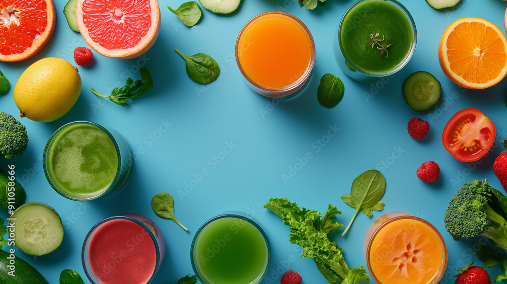 Colorful array of fresh fruit and vegetable juices on a blue background, surrounded by whole fruits and greens, emphasizing health and vitality in vibrant, fresh colors. Colorful array of fresh fruit and vegetable juices on a blue background, surrounded by whole fruits and greens, emphasizing health and vitality in vibrant, fresh colors.