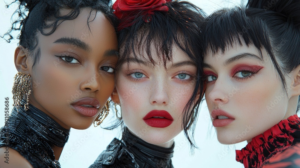 Three beautful fashion models of different races with natural makeup on their skin, white and black. Each one has a unique hairstyle and ethnicity Posing with a photo for advertising cosmetics in bei Three beautful fashion models of different races with natural makeup on their skin, white and black. Each one has a unique hairstyle and ethnicity Posing with a photo for advertising cosmetics in bei