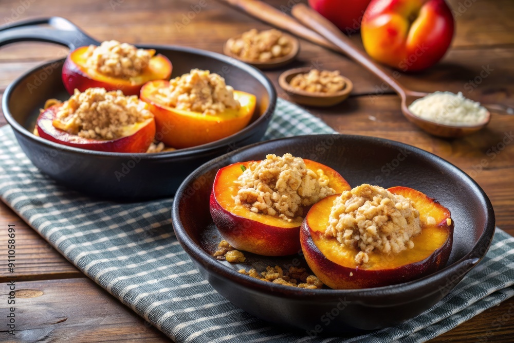 Golden-brown peaches, crumbly oat topping, and crispy edges in a small cast-iron skillet, perfect for a solitary dessert indulgence. Golden-brown peaches, crumbly oat topping, and crispy edges in a small cast-iron skillet, perfect for a solitary dessert indulgence.