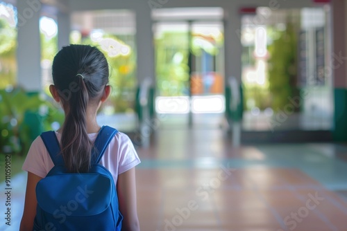 Hispanic little girl entering elementary school for first day, back shot view. Horizontal photo (3:2)