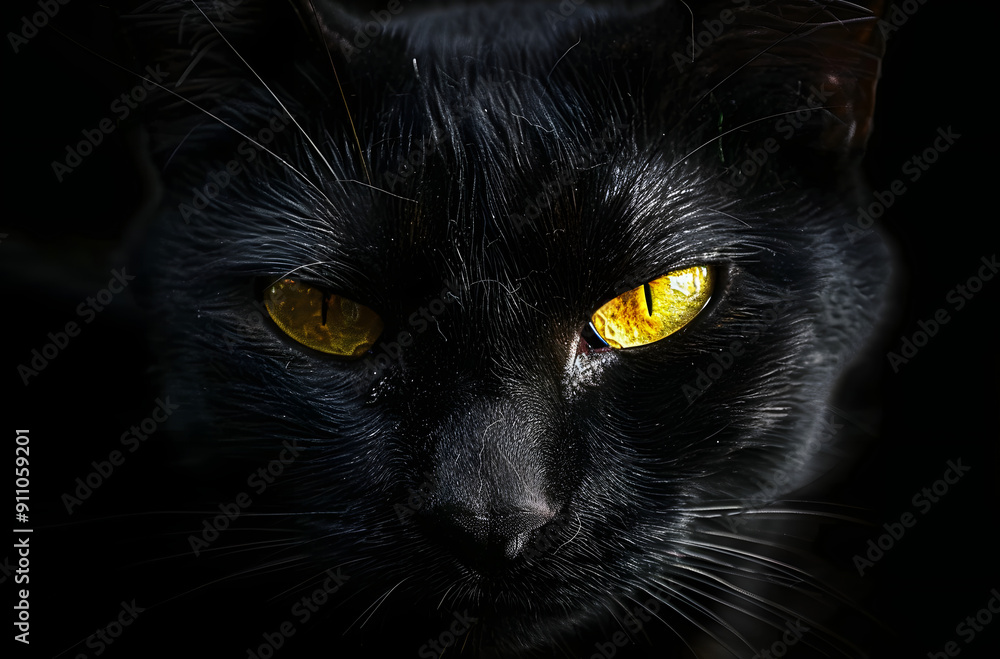 Closeup portrait black cat The face in front of eyes is yellow. Halloween black cat Black background Closeup portrait black cat The face in front of eyes is yellow. Halloween black cat Black background