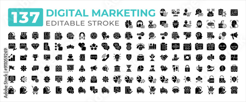 Digital marketing glyphs icons big set. Feedback customer. Cyber security, delivery. AI ecommerce shopping iconset solid signs. Silhouettes symbols. Vector isolated illustrations. Editable stroke