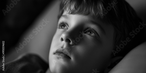 A young boy sits on the couch, holding a remote control