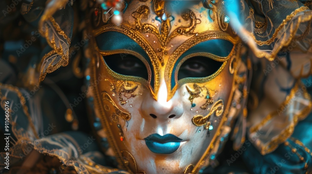 Fototapeta premium Close-up of a Golden and Blue Venetian Carnival Mask
