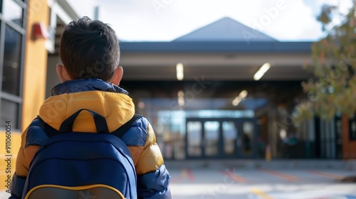 Latino little boy entering elementary school for first day, back shot view. Horizontal photo (16:9)