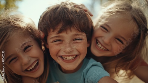 A group of young children smiling and laughing together in front of a camera, perfect for family or educational use