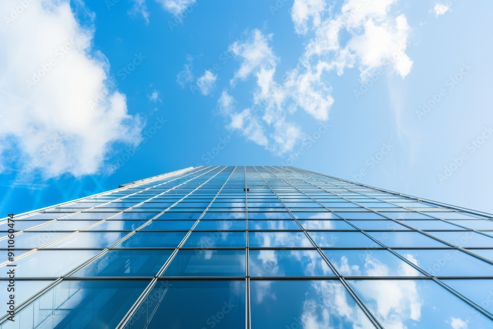 Modern office building with blue sky and glass facade, depicting the concept of economy and finance from a bottom-up view, with a blurred background. Modern office building with blue sky and glass facade, depicting the concept of economy and finance from a bottom-up view, with a blurred background.