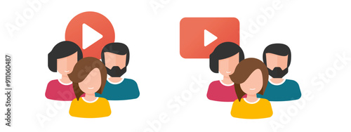 Watch video tv flat icon graphic cartoon illustration, movie cinema theater and people group symbol, presentation film viewing, virtual webinar show audience, online conference image clip art set
