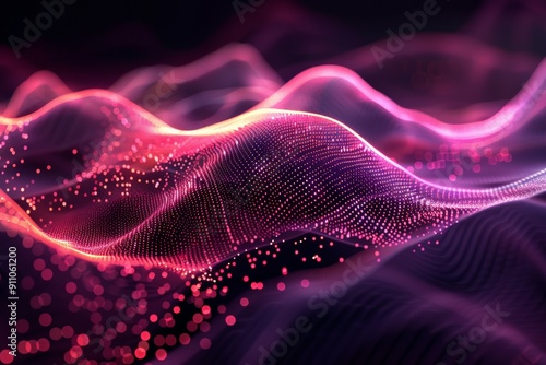 Abstract digital landscape with glowing orange and blue lights forming a wave pattern.