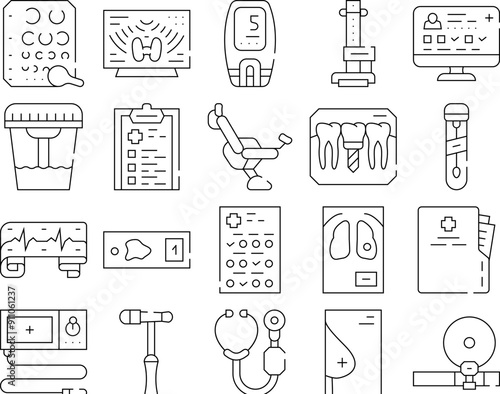 Medical Checkup Health Collection Icons Set Vector. Medical Questionnaire And Card, Blood Test And Analysis, Cardiogram And Endoscope Concept Linear Pictograms. Black Contour Illustrations