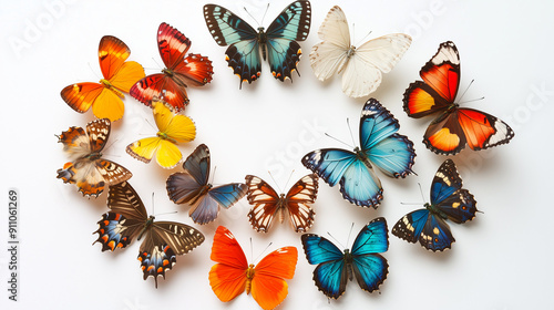 Colorful array of small butterflies arranged in a circular pattern, isolated on bright white background, overhead view photo