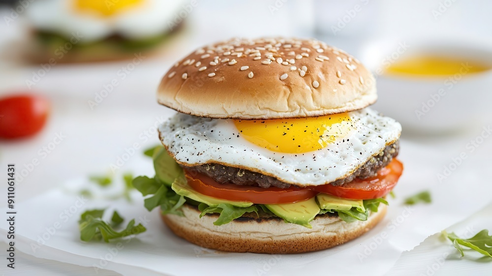 Crispy-edged fried egg on a quinoa burger with avocado and tomato, delicious vegetarian protein option Crispy-edged fried egg on a quinoa burger with avocado and tomato, delicious vegetarian protein option