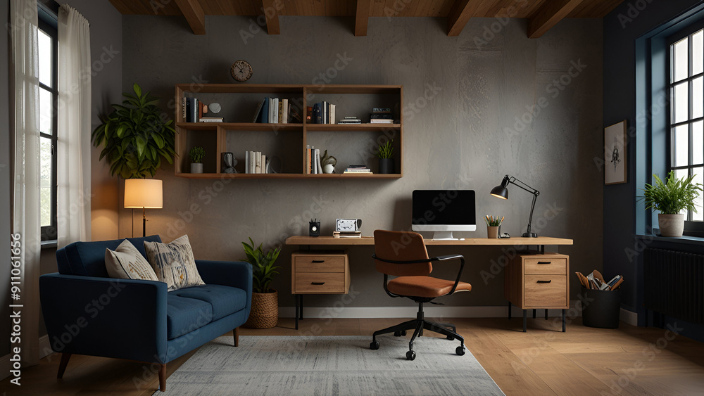 Showcase a hybrid space where a home office coexists with a personal leisure area Showcase a hybrid space where a home office coexists with a personal leisure area