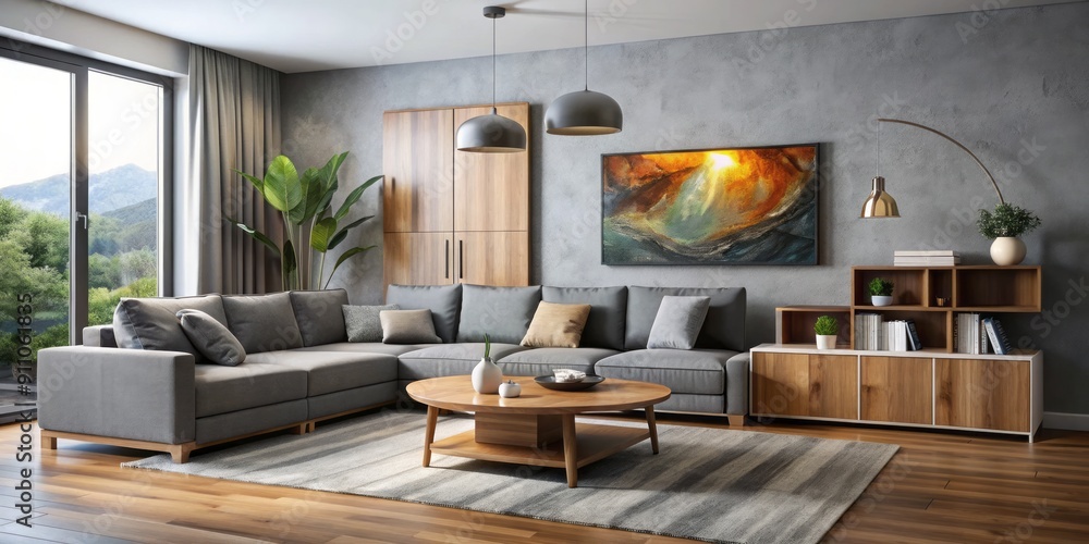 Plush gray sectional sofa harmonizes with bespoke wooden TV cabinet, ambient floor lamp, and abstract artwork in a sleek, modern living room oasis. Plush gray sectional sofa harmonizes with bespoke wooden TV cabinet, ambient floor lamp, and abstract artwork in a sleek, modern living room oasis.