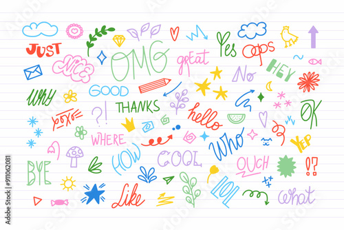 Chat words and doodles collection. Small hand drawn elements. Slang words, lettering of modern short phrases. Vector illustration set design