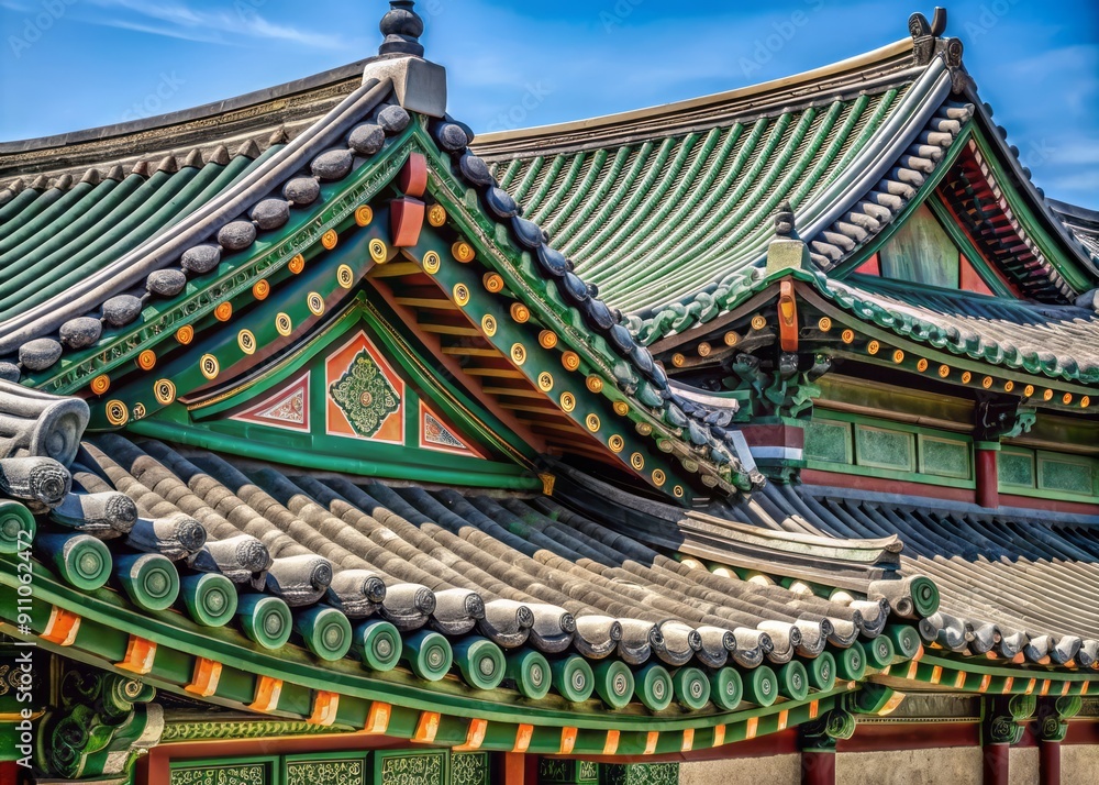Intricately patterned glazed roofing tiles adorn the majestic architecture of a centuries-old Korean palace building's curvaceous rooftop structure. Intricately patterned glazed roofing tiles adorn the majestic architecture of a centuries-old Korean palace building's curvaceous rooftop structure.