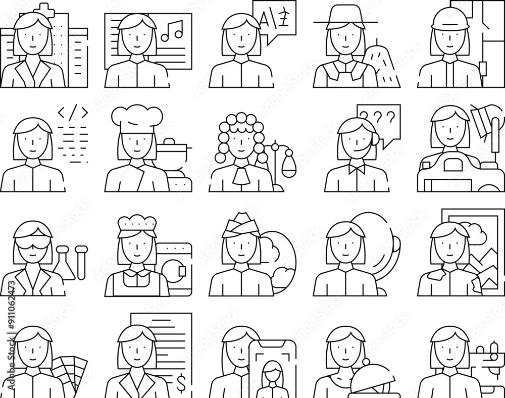 Female Occupation Collection Icons Set Vector. Doctor And Musician, Interpreter And Farmer, Architect And Judge Woman Occupation Black Contour Illustrations Female Occupation Collection Icons Set Vector. Doctor And Musician, Interpreter And Farmer, Architect And Judge Woman Occupation Black Contour Illustrations
