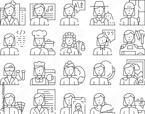 Female Occupation Collection Icons Set Vector. Doctor And Musician, Interpreter And Farmer, Architect And Judge Woman Occupation Black Contour Illustrations