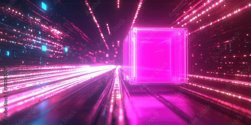 A bright pink box sits on a table or shelf in a dimly lit, dark room A bright pink box sits on a table or shelf in a dimly lit, dark room