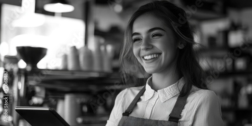 A smiling woman holds a tablet, great for technology or lifestyle images