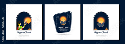 vector illustration of Happy Karwa Chauth festival card with gold style Background. set of three card