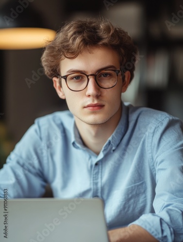 A young man sitting at a desk using a laptop