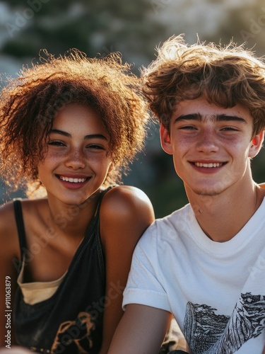 A pair of young adults sitting side by side, possibly on a couch or bench, with a relaxed and casual atmosphere photo