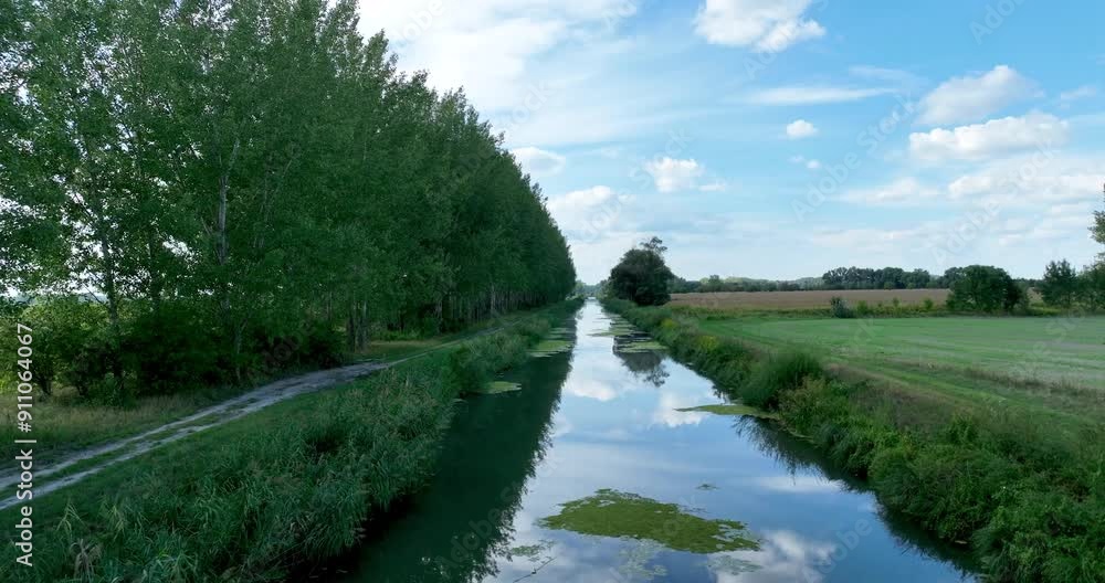 Aerial view of water canal during summer with clouds and blue sky. Flying above water and agricultural land Aerial view of water canal during summer with clouds and blue sky. Flying above water and agricultural land