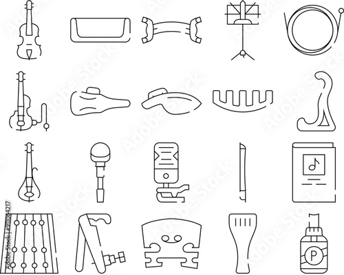 Violin String Musical Instrument Icons Set Vector. Electric Violin And Bow, Music Stand And Notes, Rack And Case, Rosin And Snare Black Contour Illustrations