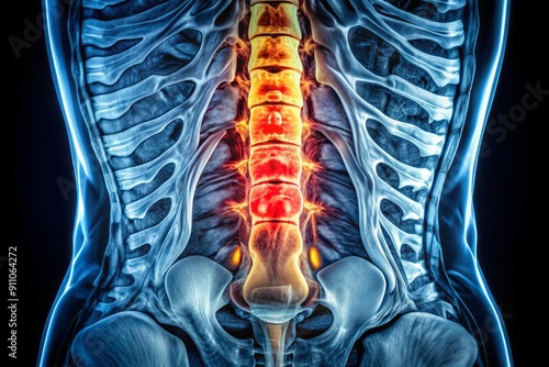 Detailed MRI scan of lumbosacral spine showing back muscle spasm, mild disc lesions, vertebral body haemangiomata, and straightened lumber curvature with selective focus on spine.