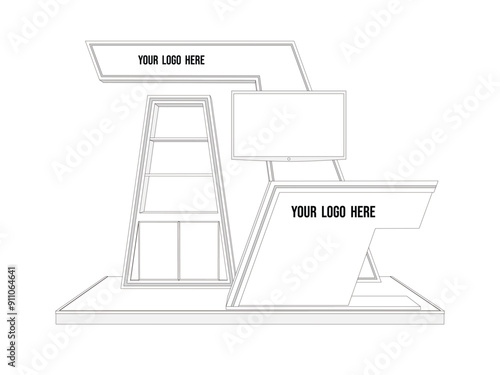 3d illustration stand booth 3x2m with table receptionist rack display and blank LED TV screen for logo company for event exhibition. Vector sketch outline drawing coloring editable isolated.