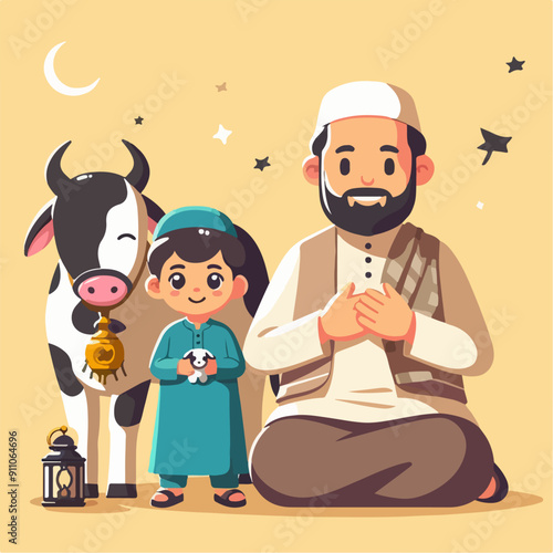 Eid Al Adha Illustrations. Muslims Prepare Livestock to Be Sacrificed. People Celebrate Eid Al Adha