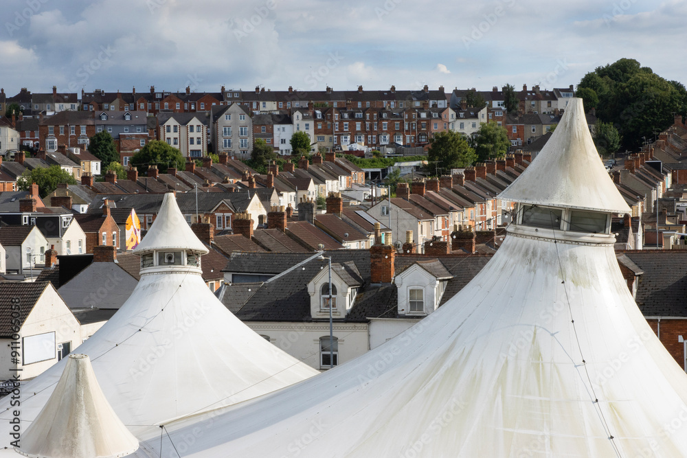Aerial view of the skyline of Swindon with roof of tented shopping arcade
