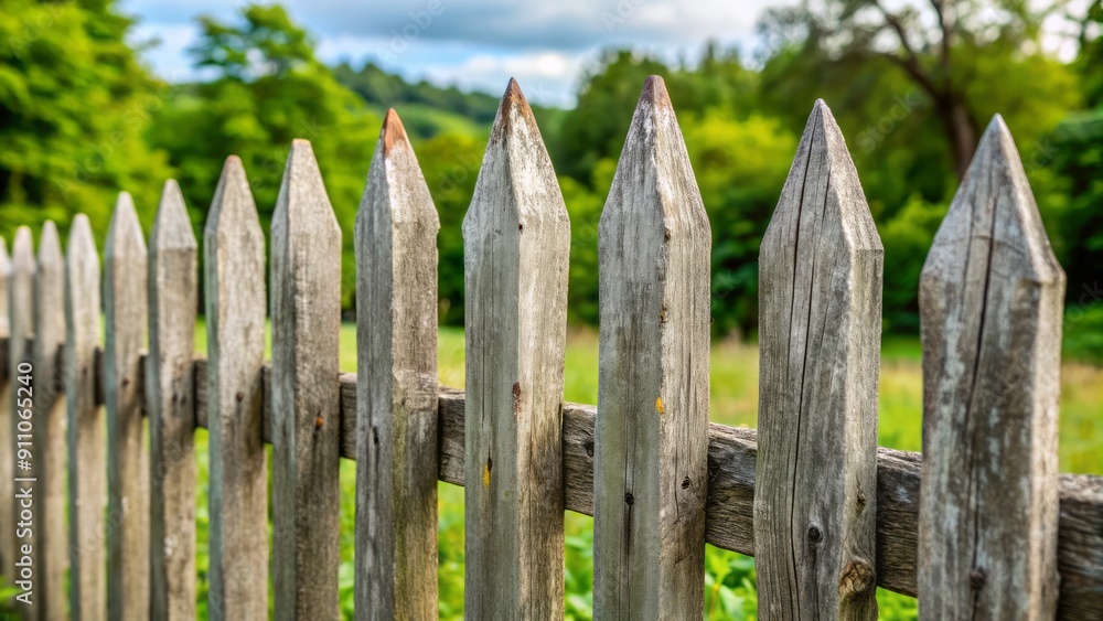 Rustic, weathered light gray wooden picket fence with pointed tops, irregular boards, and a natural, worn, countryside aesthetic appeal. Rustic, weathered light gray wooden picket fence with pointed tops, irregular boards, and a natural, worn, countryside aesthetic appeal.