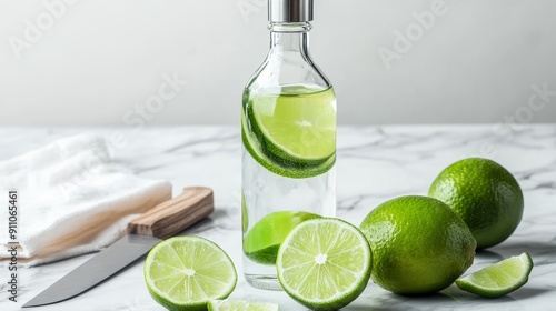 A modern still life of whole and sliced limes on a marble countertop, accompanied by a knife and a stylish bottle of lime-infused water