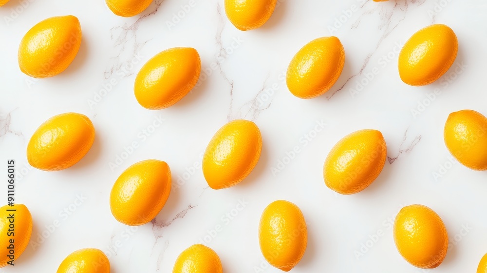 A set of kumquats arranged in a minimalist geometric pattern on a textured white background, emphasizing their vibrant orange color A set of kumquats arranged in a minimalist geometric pattern on a textured white background, emphasizing their vibrant orange color